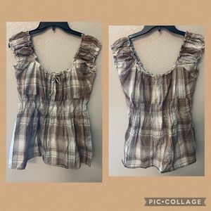 Brown/White/Gray Plaid Baby Doll Top sz. L